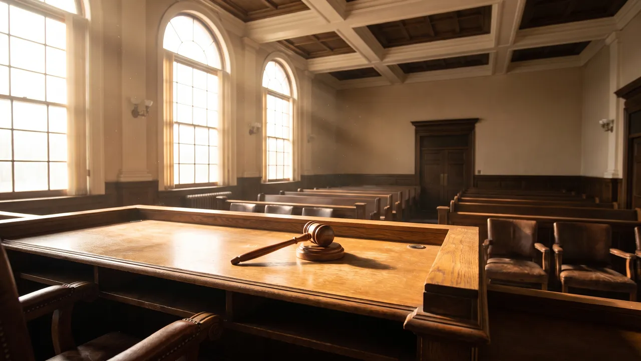 An empty courtroom bench and gavel in soft morning light