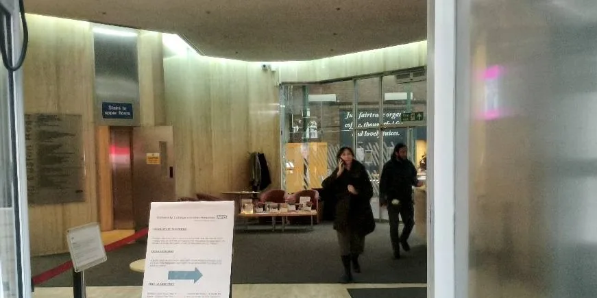 The lobby at 250 Euston Road, seen from the entrance.