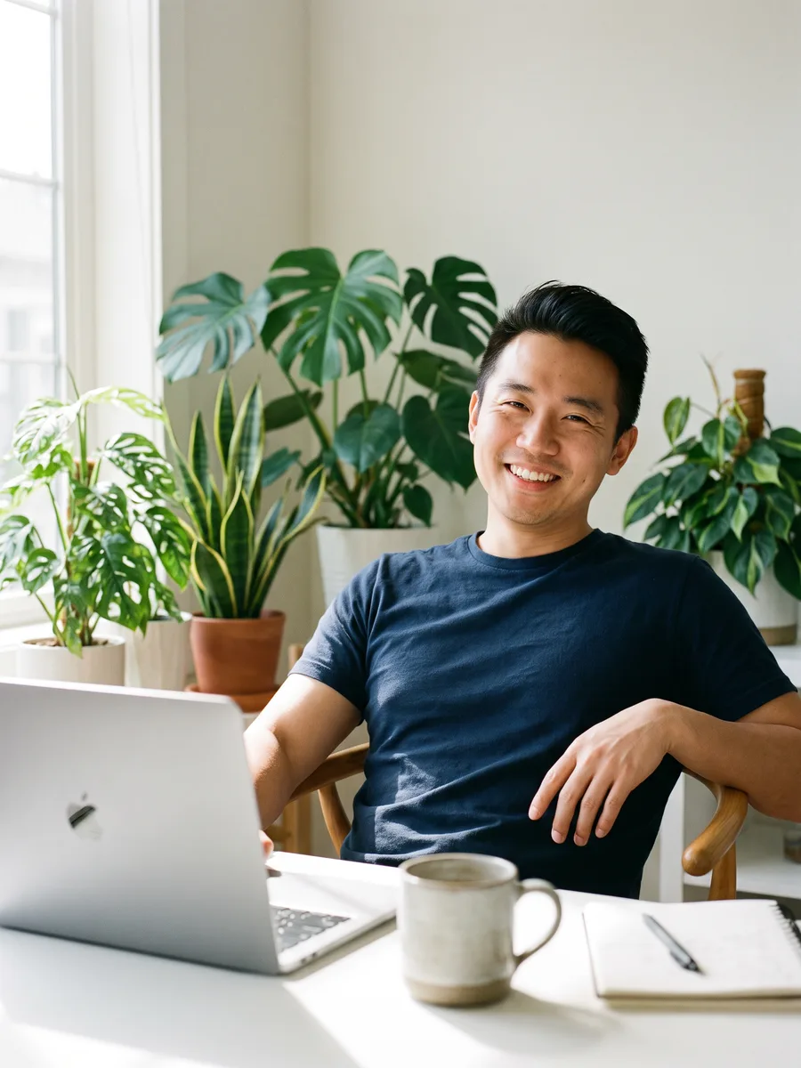 A smiling man at his desk with a laptop