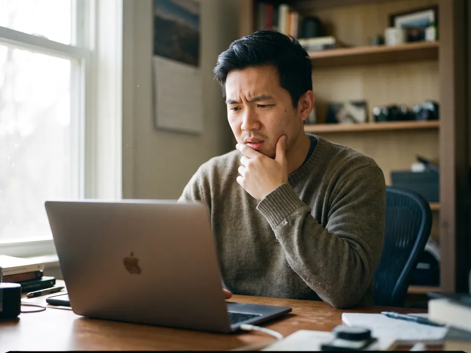 一名男子坐在桌前，对着笔记本电脑一脸困惑