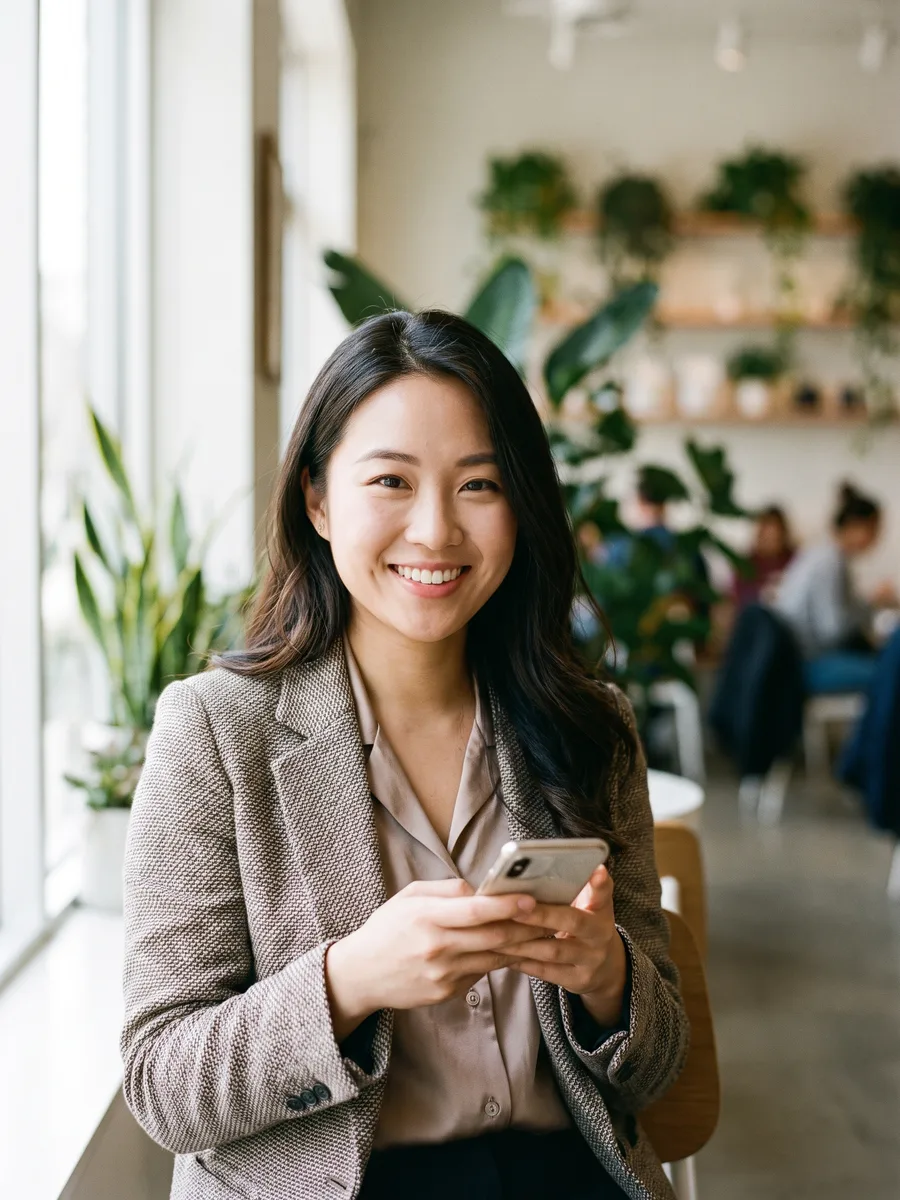 A smiling young woman in a cafe holding her phone